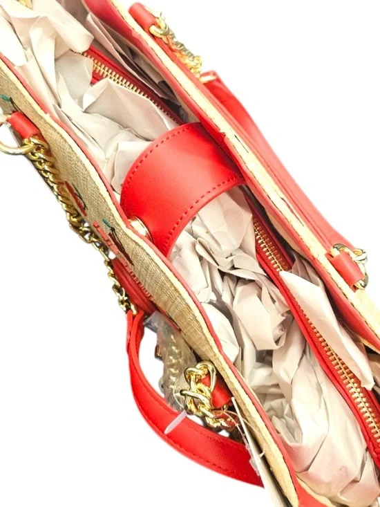 Betsey Johnson Cherry Tote Bag Scalloped Straw Red Trim Gold Chain - Picture 7 of 7